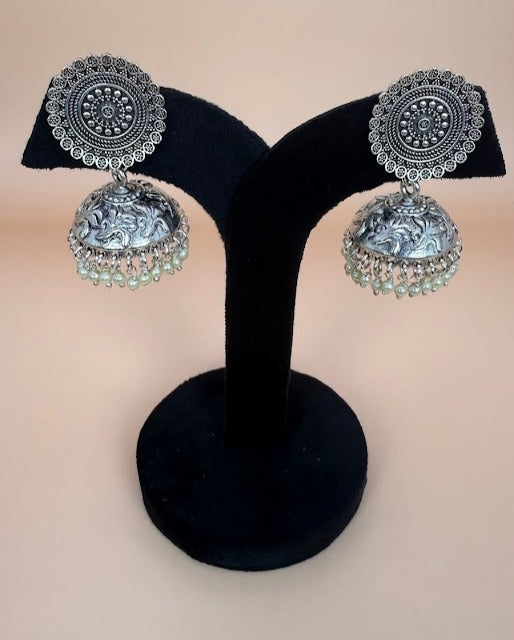 Mandala Moti Jhumka Oxidised Earrings