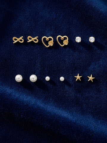 Star Heart Pearl Bow Studs