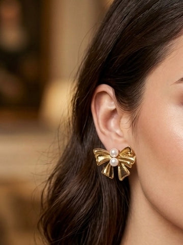 Dainty Pearl Bow Earrings 18K Gold Plated