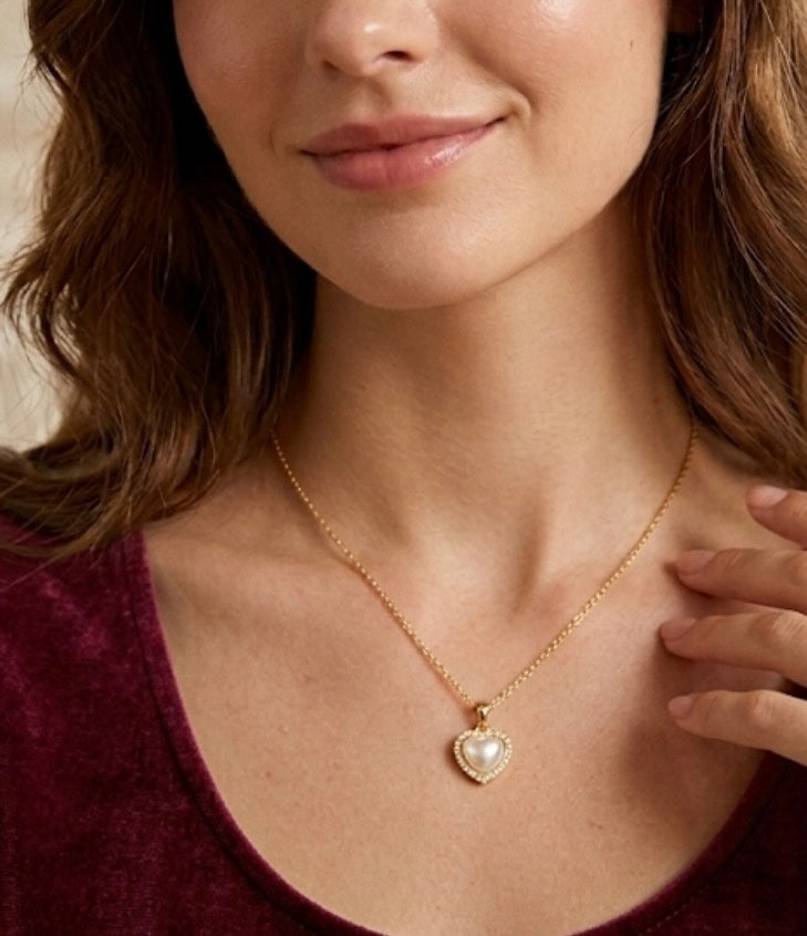 Pearl heart Diamond Necklace 18K gold Plated