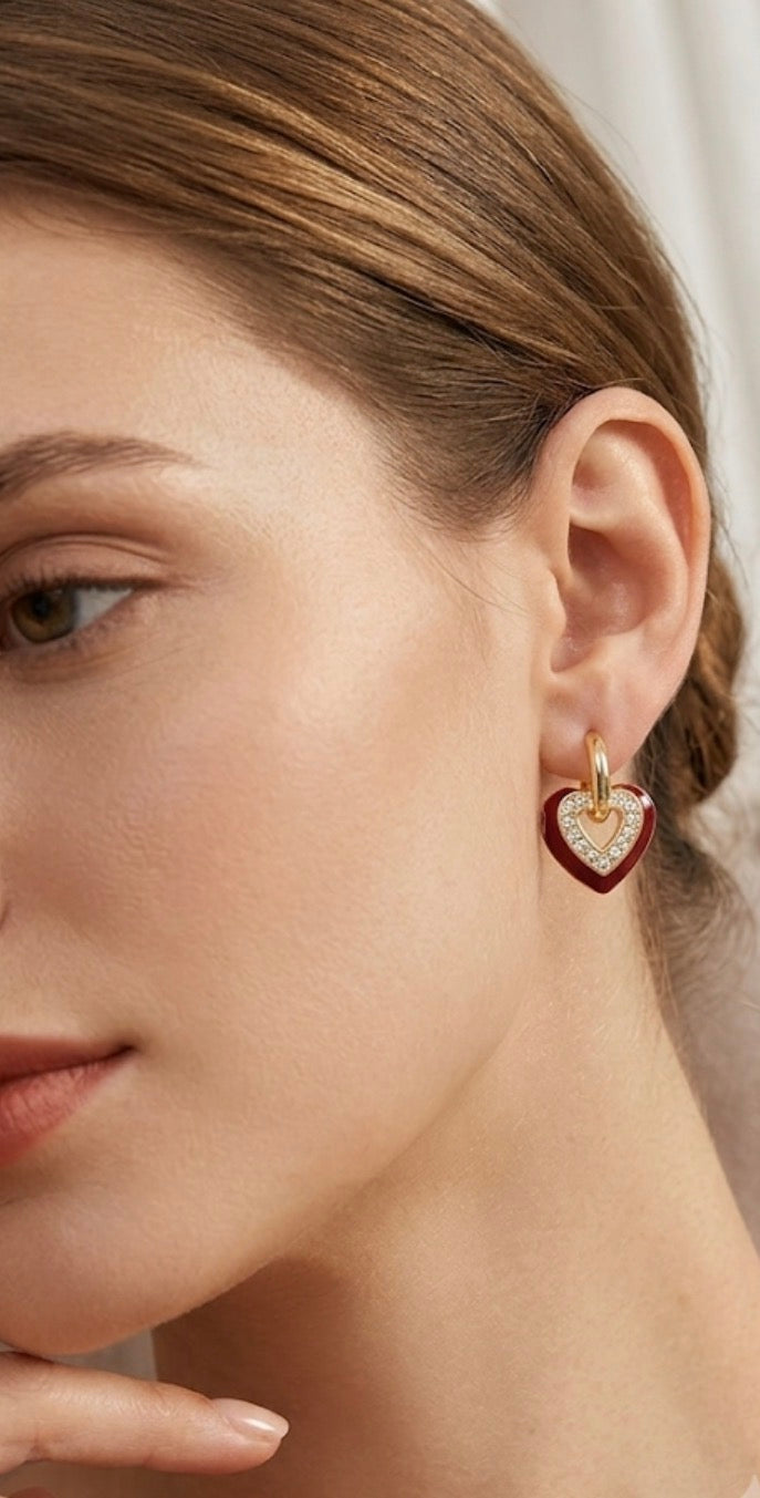 Crimson Heart Earrings 18K Gold Plated