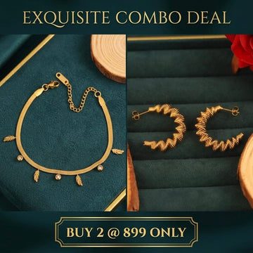 Golden Wavy Hoop Earrings + Leaflet Bracelet (Combo)