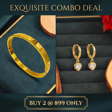 Preeti Heart Earrings + Golden Royal Grid Kada 18K Gold Plated (Combo)
