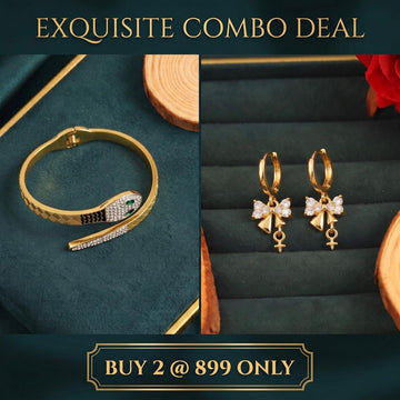 Juliet Bow Drop Earrings + Emerald eye snake Kada 18K Gold Plated (COMBO)
